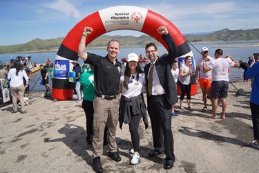 Investigations Commander Colin Spence (left), Public Information Officer Taylor Long (center) and Assistant District Attorney Steve Wright (right) gear up for the Polar Plunge, bravely facing frigid waters to support the Special Olympics.